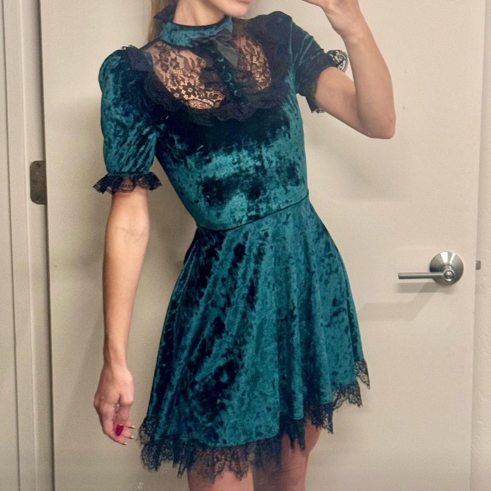 Dolls Kill Teal Velvet Lace Mini Dress